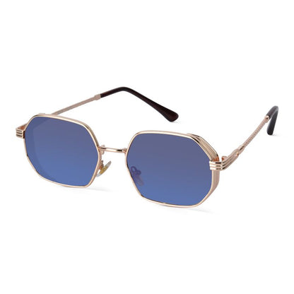 Gold Hexagonal Sunglasses with Blue Lenses – Retro Metal UV400 Unisex Shades