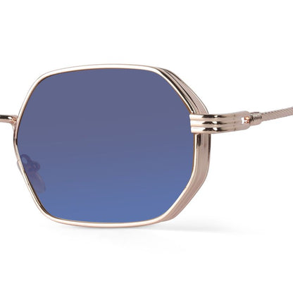 Gold Hexagonal Sunglasses with Blue Lenses – Retro Metal UV400 Unisex Shades