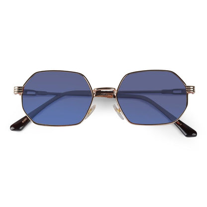 Gold Hexagonal Sunglasses with Blue Lenses – Retro Metal UV400 Unisex Shades