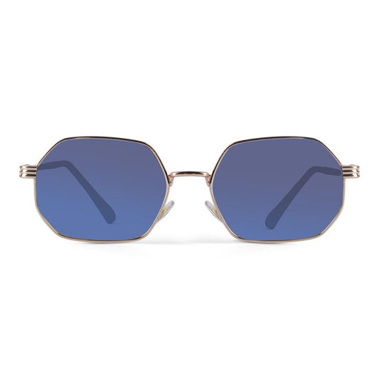 Gold Hexagonal Sunglasses with Blue Lenses – Retro Metal UV400 Unisex Shades
