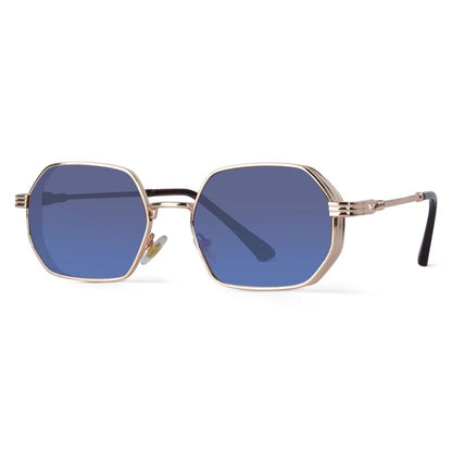 Gold Hexagonal Sunglasses with Blue Lenses – Retro Metal UV400 Unisex Shades